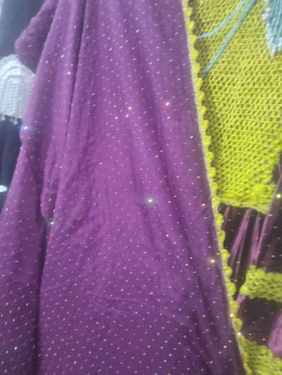 Traditional Plum & Yellow Afghan Kuchi Frock with blue coloure Jewelry