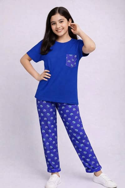 Girls R-Blue T-shirt and Trouser (White Snow Man 100% Cotton)