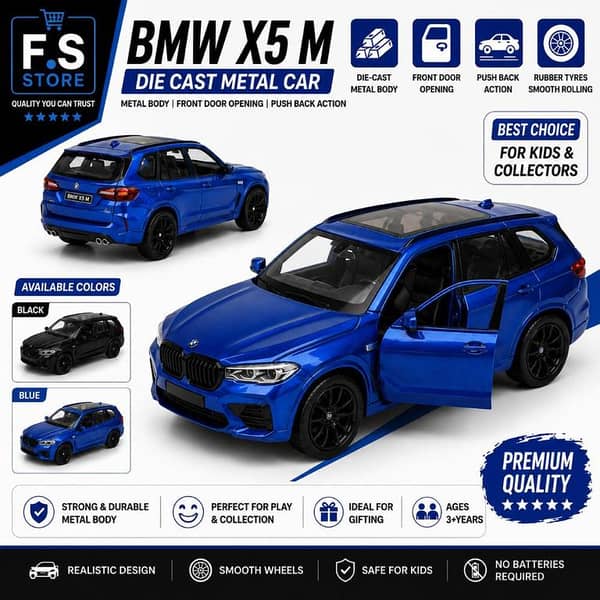 BMW X5 M Die-Cast Metal Car – Blue & Black | 1:43 Scale | Metal Body | Front Door Opening | Pull Back Action | Premium SUV Toy Car for Kids & Collectors