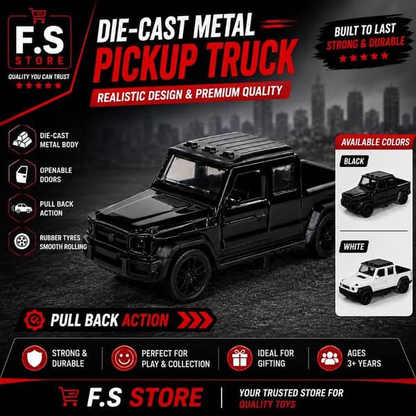Die-Cast Metal Off-Road Pickup Truck Toy Car 1:43 Scale | Opening Doors | Pull Back Action | Premium Alloy Model Vehicle | Rubber Tyres | Realistic SUV Truck | Black & White Colors | Collectible Gift for Kids Boys Girls & Adults | Ages 3+