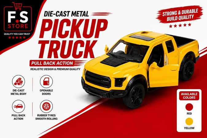 Ford F-150 Raptor Die-Cast Metal Pickup Truck Toy Car 1:43 Scale, Premium Alloy Model with Opening Doors, Pull Back Action, Realistic Off-Road Design, Collectible Vehicle for Kids & Adults, Red, Yellow, Black & White, Birthday Gift, Ages 3+, metal car
