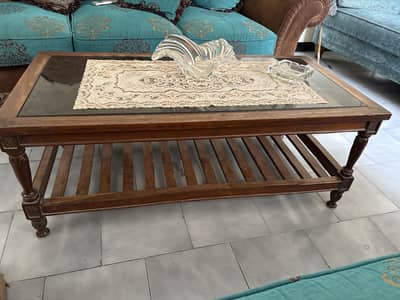 Antique Wooden Coffee Table with Glass Top