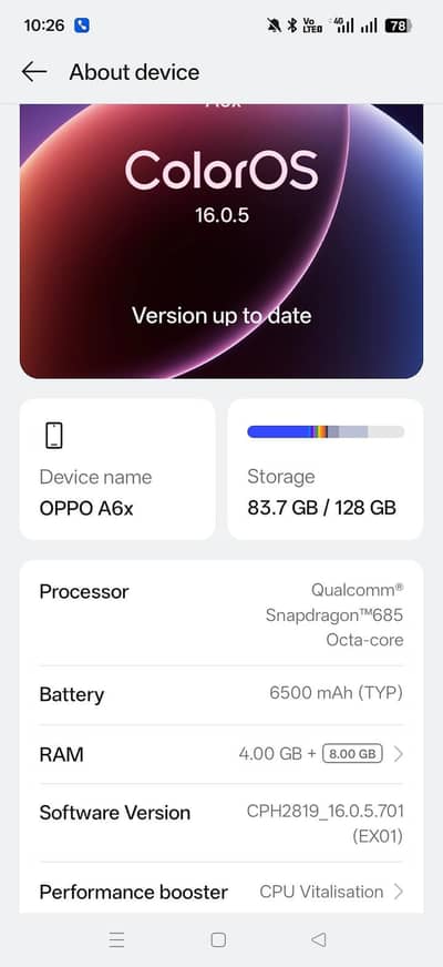 OPPO A6x 4+8 128 lush condition
