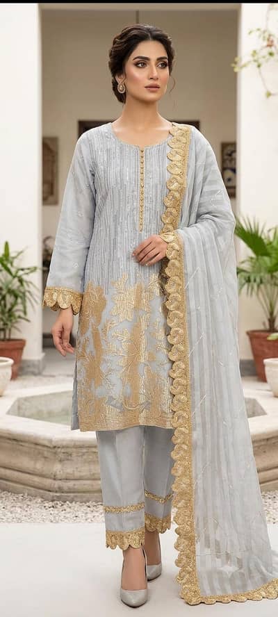 ice blue golden fancy 3pc organza suit_party wear _medium