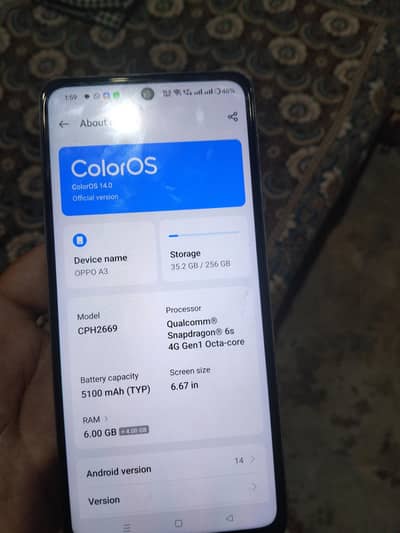 OPPO A3 6/256 condition 10 by 10 complete box k sath