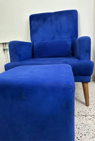 Blue Velvet Accent Chair with Matching Ottoman