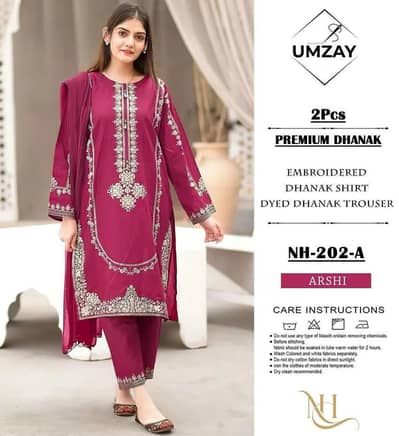 Beautiful 2 Piece Embroidered Dhanak Suit For Women (Unstitched)