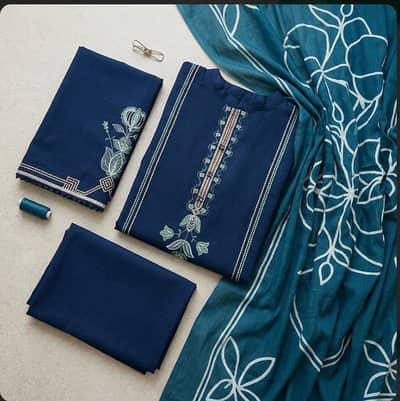 3-Piece Embroidered Lawn Suit Blue for Women unstitched