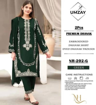 Beautiful 2 Piece Embroidered Dhanak Suit (Unstitched) - Green