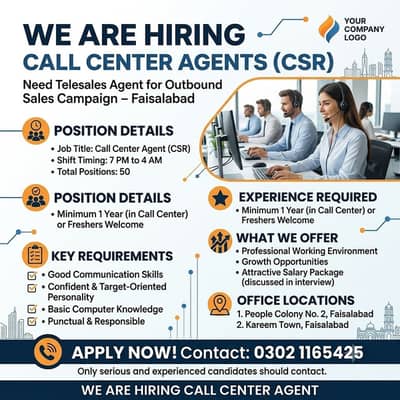 Call Center CSR Agents | Tele sales Required | Jobs in Faisalabad