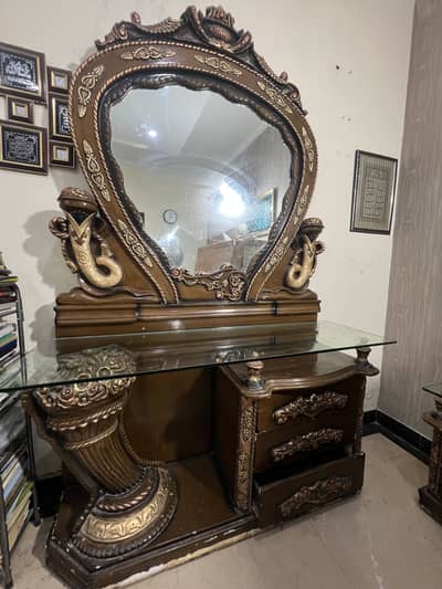 Wooden bed for sale with dressing table and two side table