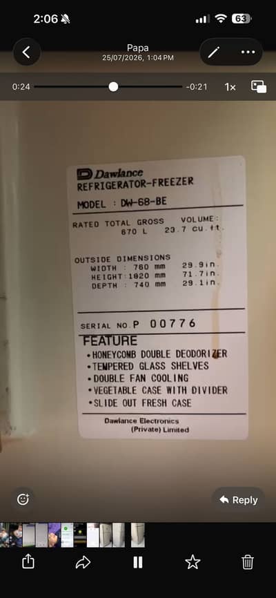 Dawlance REFRIGERATOR - FREEZER for sale