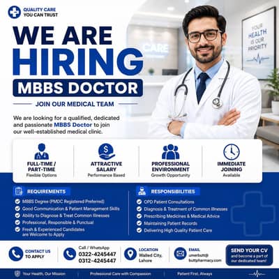 MBBS DOCTOR REQUIRED FOR CLINIC Full Time / Part Time