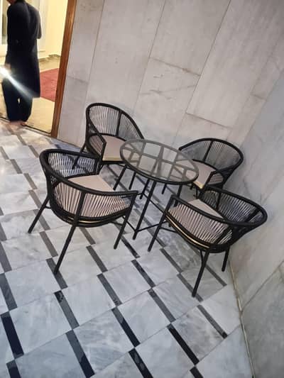 4 chairs with table. . home delivery available with cushions and glass