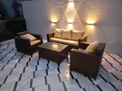 4 sofa set with table with cusions and glass