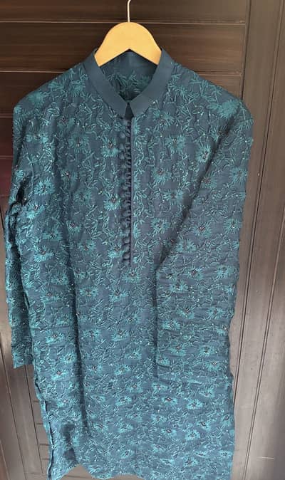 Handmade Blue Mehndi Kurta Trouser Set with Embroidered Shawl