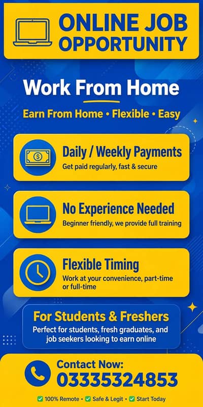 Part time job available/Online work  Work from home
