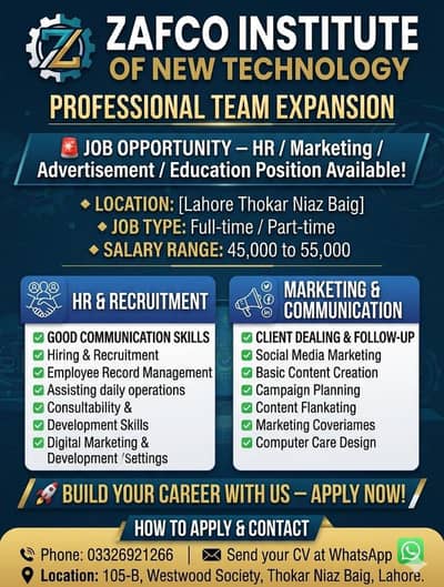office jobs available at thokar naiz baig lahore