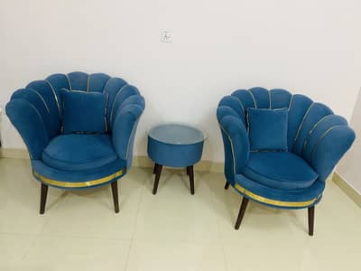 Brand New Luxury Blue Velvet Shell Chairs with Matching Coffee Table
