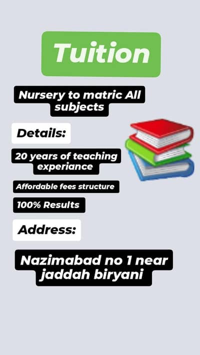 Tuition Available Nursery to Matric All subjects