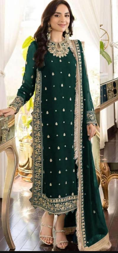 Green Embroidered 3 piece crinkle chiffon suit medium to xl