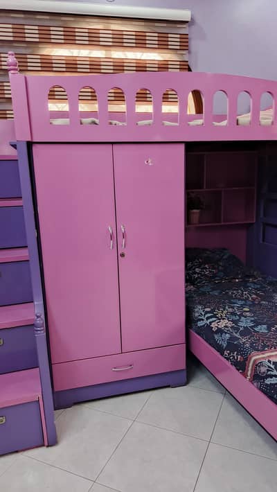 kids double bunk bed with slide, storage tairs wardrobe & study table