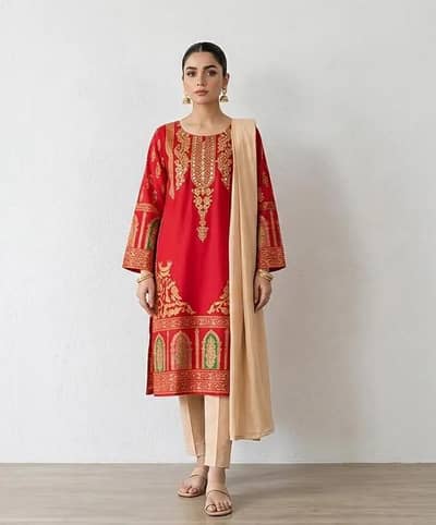 Red Arabic Lawn 3Pc Suit - Komal Collection