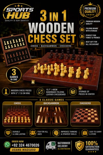 3 in 1 Wooden Chess Set | Chess, Backgammon & Checkers |