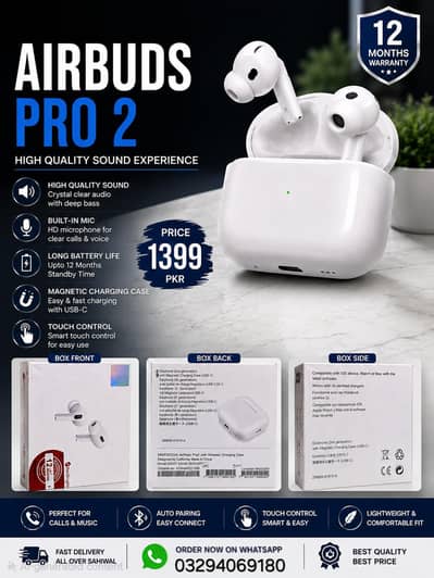 AirBuds Pro 2 Wireless | Deep Bass | Touch Control | USB C | New Pack
