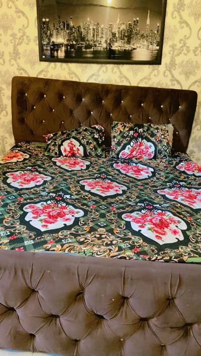 Brown Velvet king size bed with Cushioned headboard