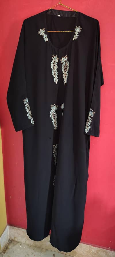 front open abaya with floral embroidery