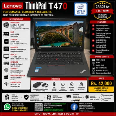 Lenovo ThinkPad T470 Core i5 6th Gen 08GB RAM 256GB SSD 14' FHD Laptop