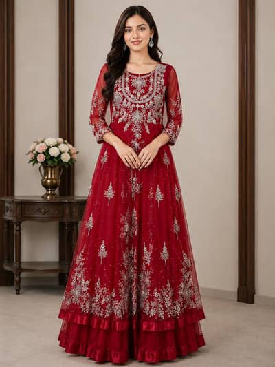 ​Heavy Embroidered Red Maxi - One Time Worn