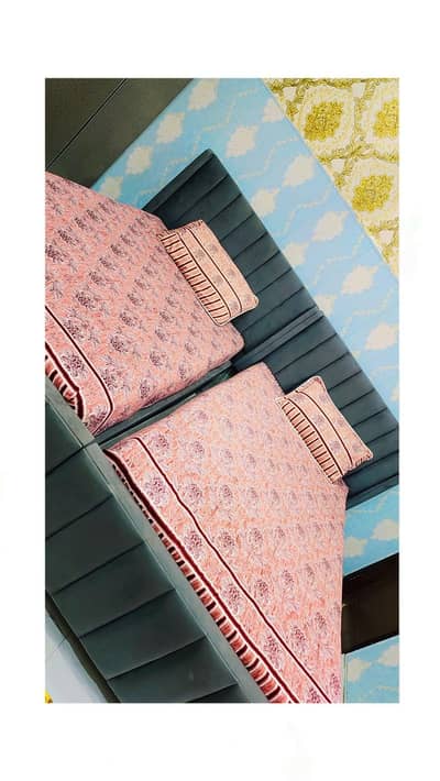 2 Single Bed with Mattress and Side Table