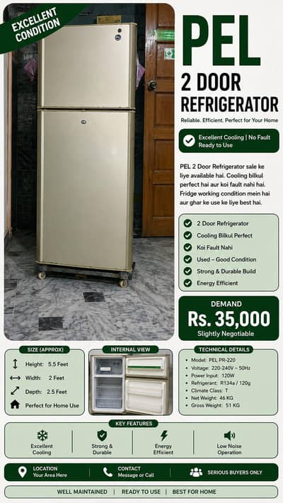 PEL 2 Door Refrigerator – Excellent Cooling – No Fault