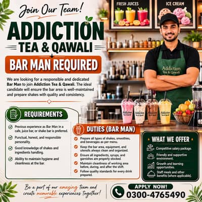 MALE Bar Man Job for Restaurant 0300-4765490