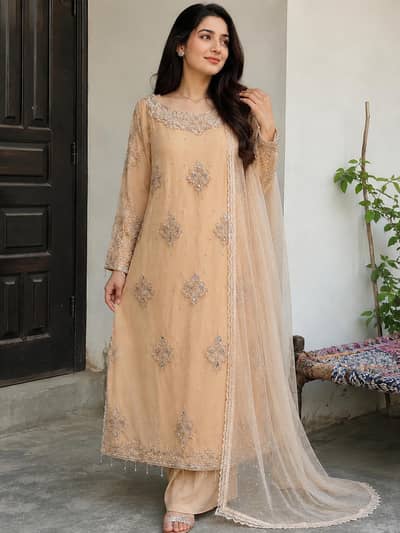 Heavy Embroidered Peach Formal Dress Like  New (Onli 3-4 Hours Worn)