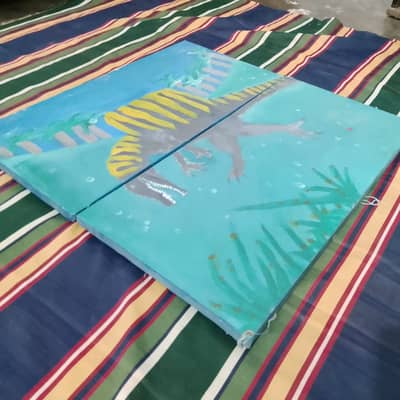  Original hand-painted Spinosaurus artwork on two matching canvas p
