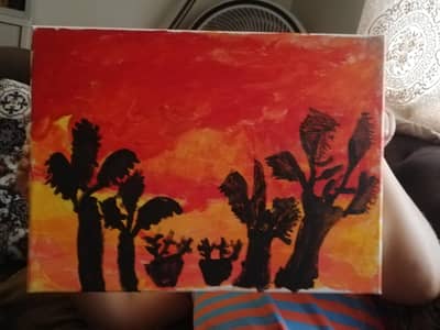 sunset trees painting by 8 year old