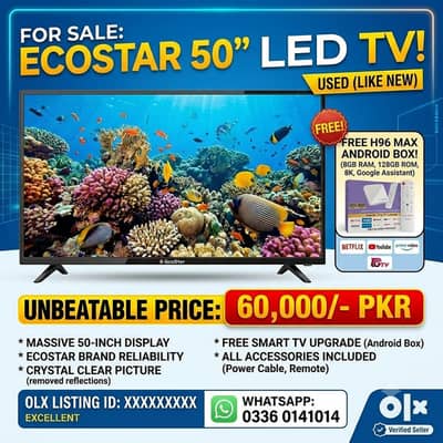 6 months used 50 inch LED Ecostar with Free Android BOX