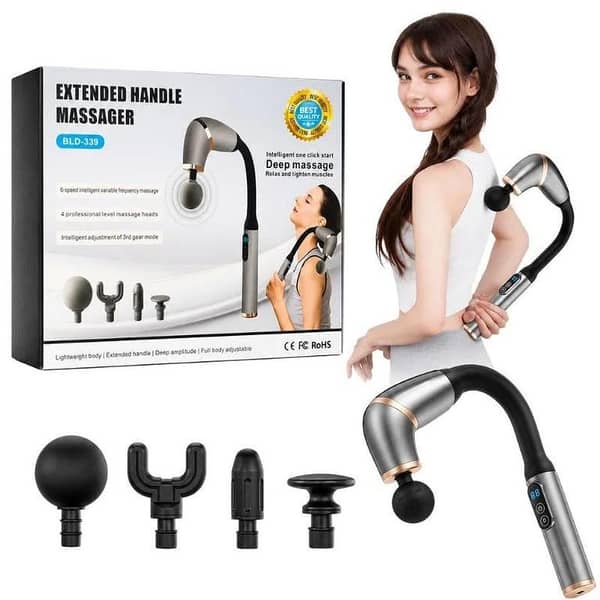 Long Handle Fascial Gun Massager | Model: BLD-339 | Rechargeable Massage Gun with 4 Interchangeable Heads | Full Body Muscle Relaxation