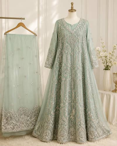 Mint Green Bridal Maxi |  Heavy Silver Embroidered Dress Wedding Dress