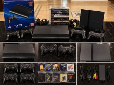 PS3 Super Slim 500GB+PS2 Slim+4 original controllers+11 original game