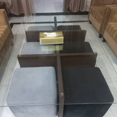 Modern Glass Top Coffee Table with 6 Matching Ottomans
