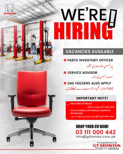 Hiring Service Advisor | Parts Inventory Officer | DAE Holders Prefers
