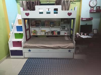 Premium Kids Bunk Bed — Storage Staircase, Bookshelf & Pull-Out Trolle