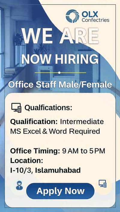 Office Staff Required - Male/Female | Inter | MS Excel, MS Word | I-10