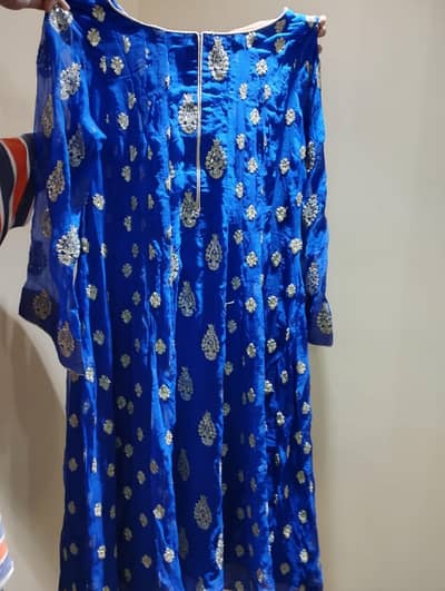 Royal Blue 3-Piece Fancy Anarkali Frock Suit - Gold Embroidery