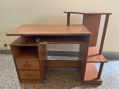 Custom-Made Wooden Computer Desk with Drawers & Side Shelf Unit