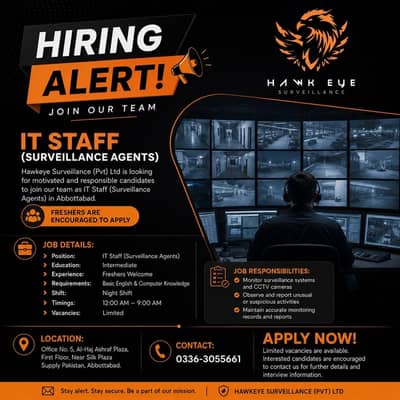 IT Staff (Surveillance Agents ) | Male staff Jobs | Jobs in Abbotabad